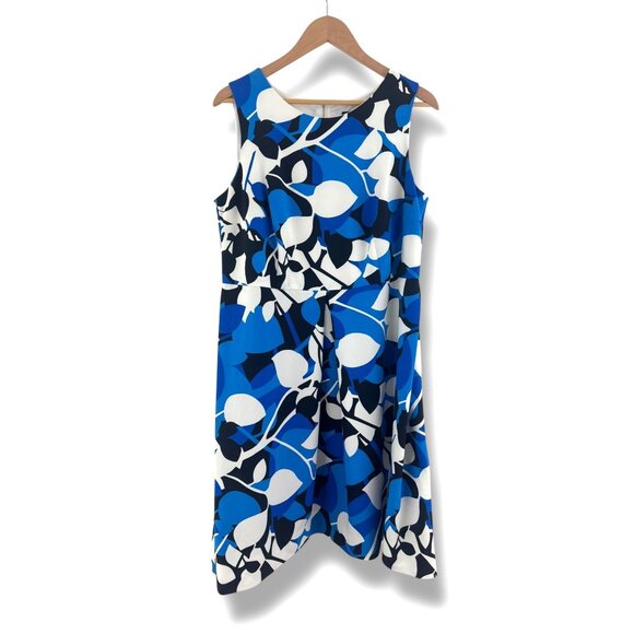 Just Taylor Blue Black White Leaf Print A-Line Dress w/ Pockets Size 14W 1X Plus - Picture 2 of 7